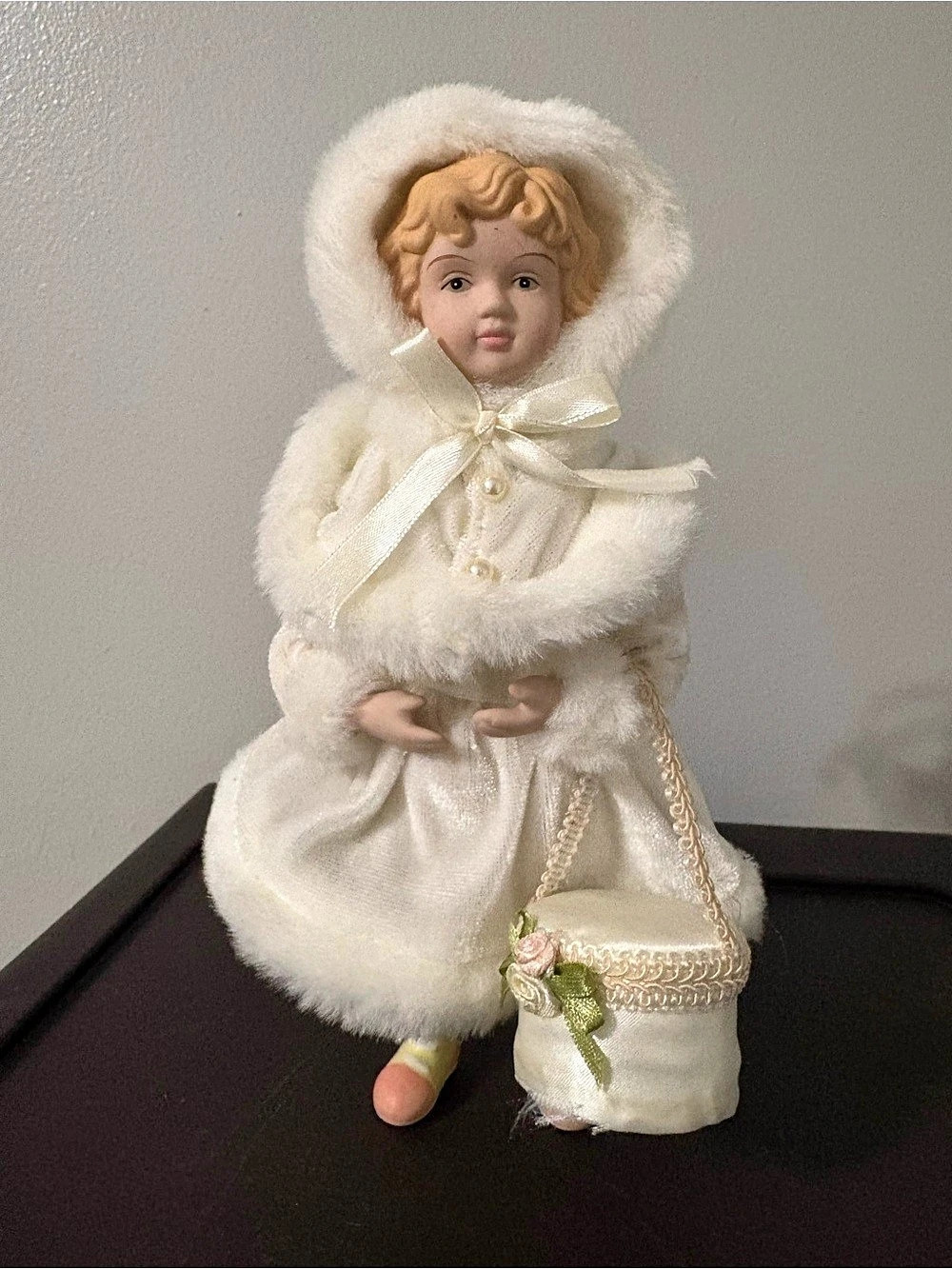 Porcelain Face Vintage Style Christmas Winter Doll Fur Trim With Purse